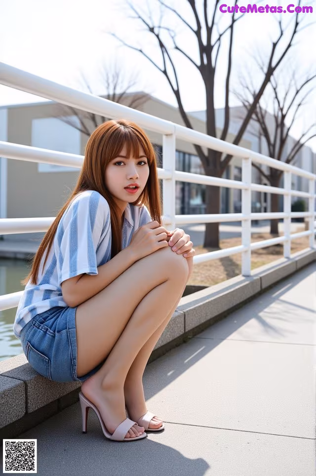 A woman sitting on a ledge next to a body of water.