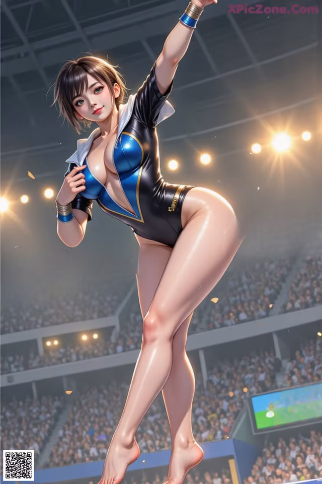 A woman in a blue and black outfit is dancing in front of a crowd.
