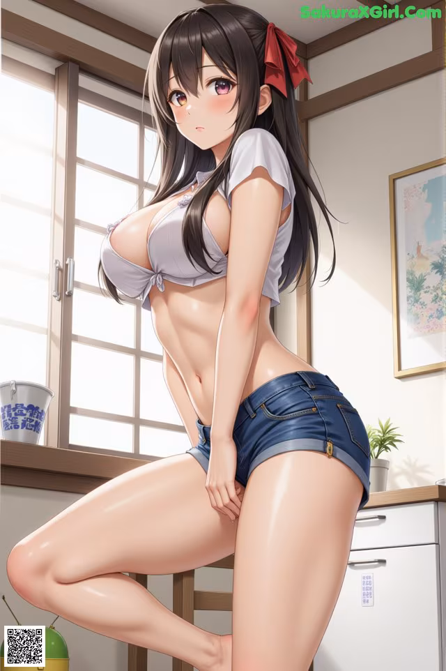 A woman in a white shirt and blue shorts posing for a picture.