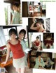 A collage of photos of a woman in a red top and skirt.