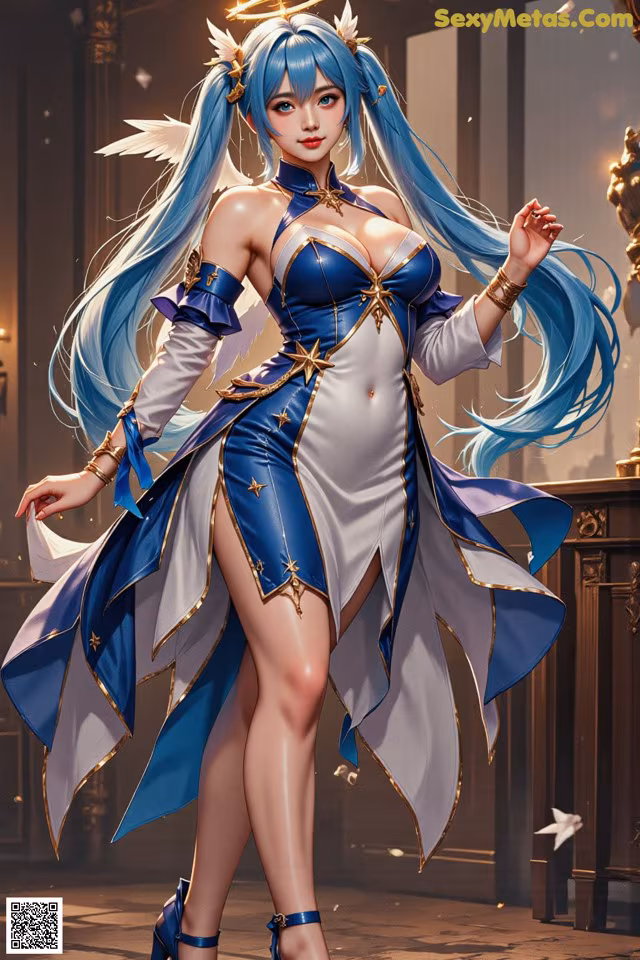 A woman in a blue and white dress with long blue hair.