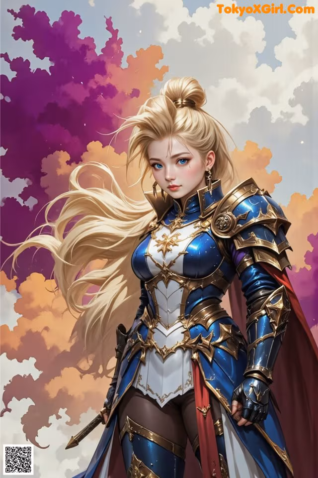 A woman in a blue and white outfit holding a sword.