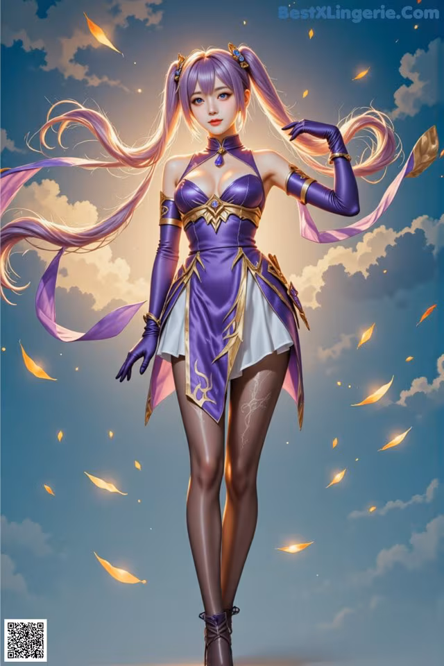 A woman in a purple and white outfit standing in front of a cloudy sky.