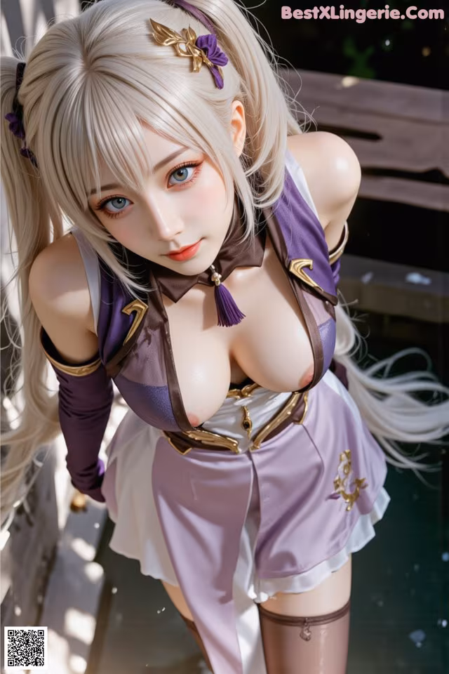 A woman in a purple and white outfit posing for a picture.
