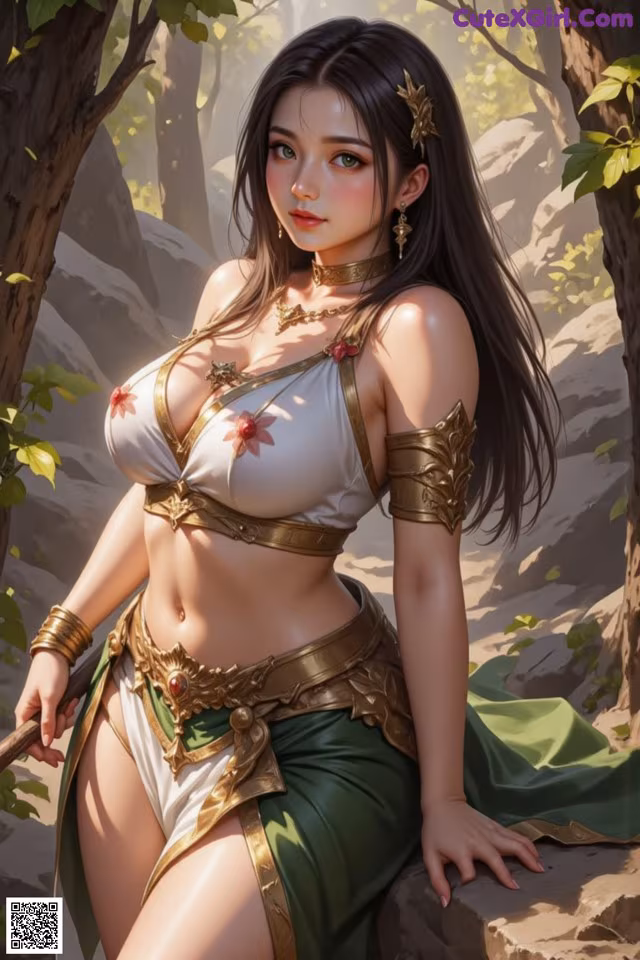 A woman in a bikini sitting on a rock in the woods.