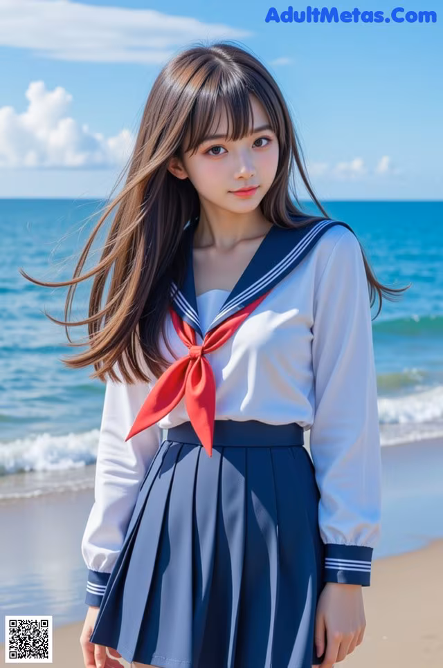 A woman in a school uniform standing on a beach.