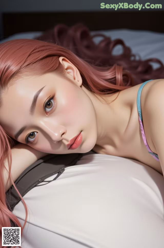 A woman with long pink hair laying on a bed.