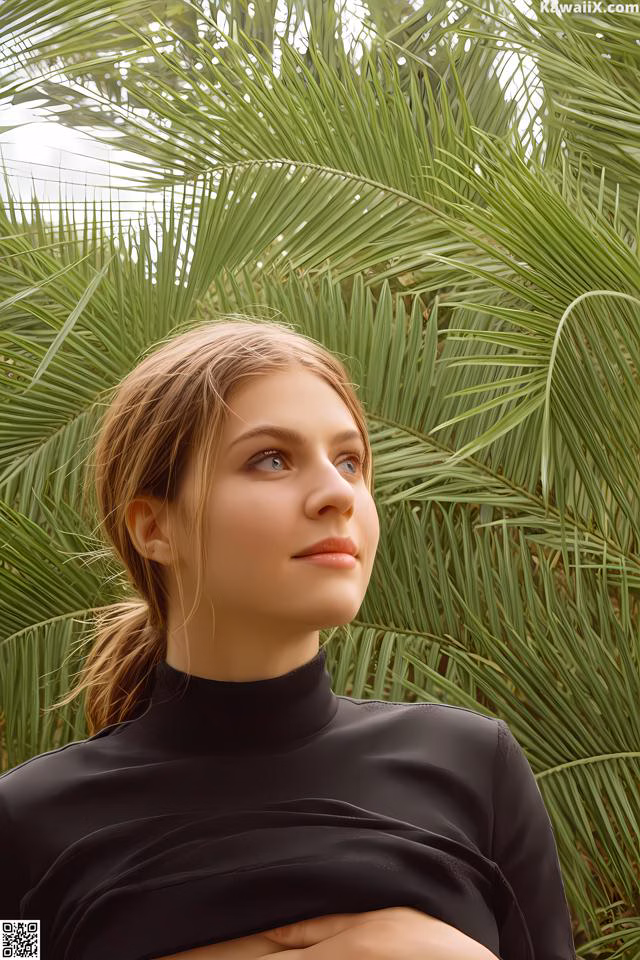 A woman in a black dress standing in front of a palm tree.