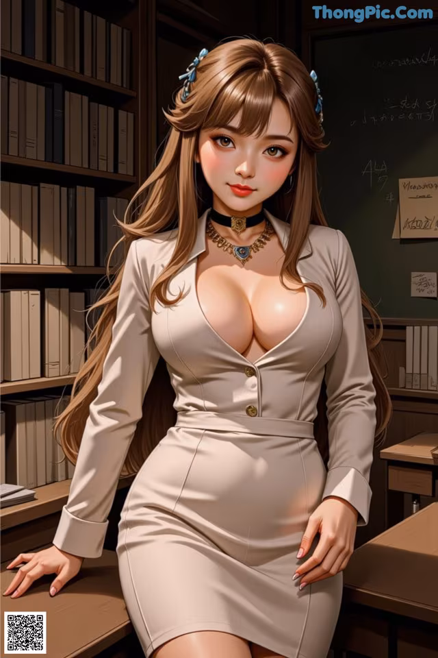 A woman in a white dress sitting at a desk in a library.