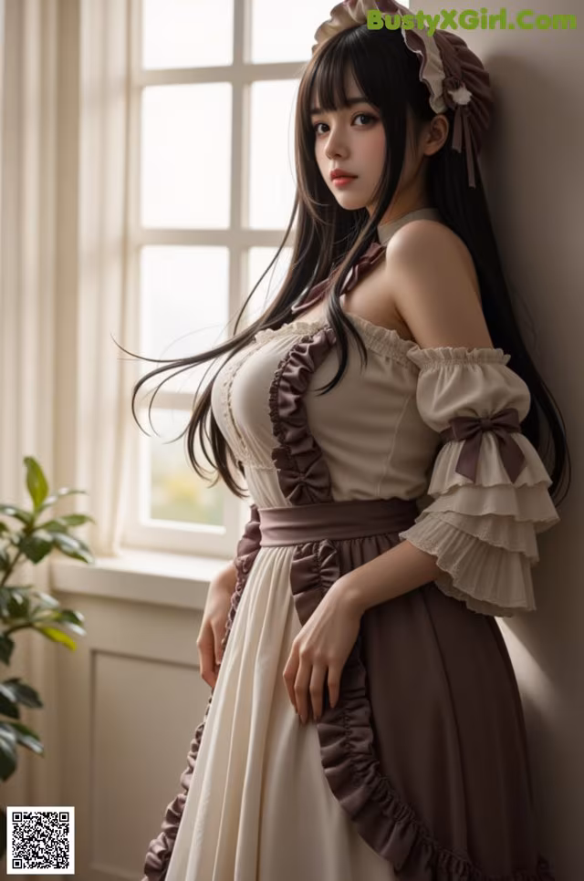 A woman in a brown and white dress leaning against a window.