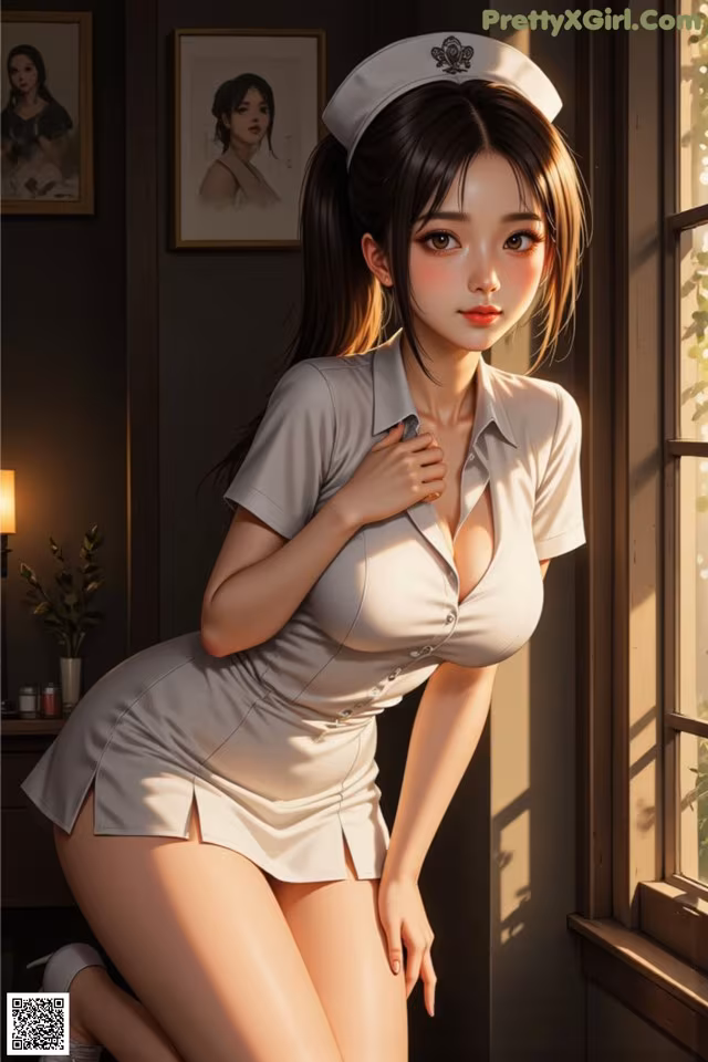 A woman in a nurse outfit posing by a window.