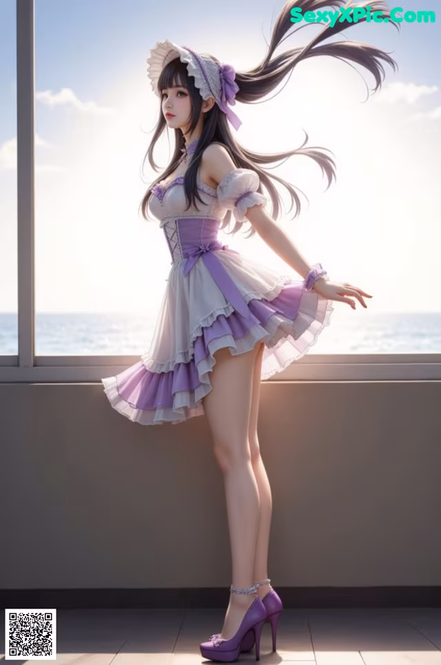 A woman in a purple and white dress standing by a window.