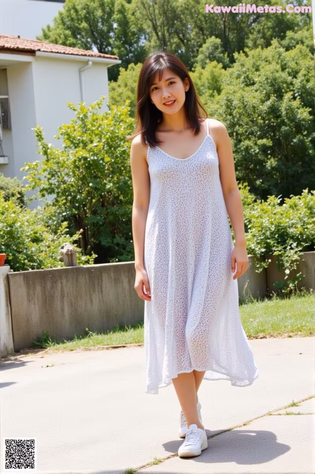 A woman in a white dress is standing on a sidewalk.