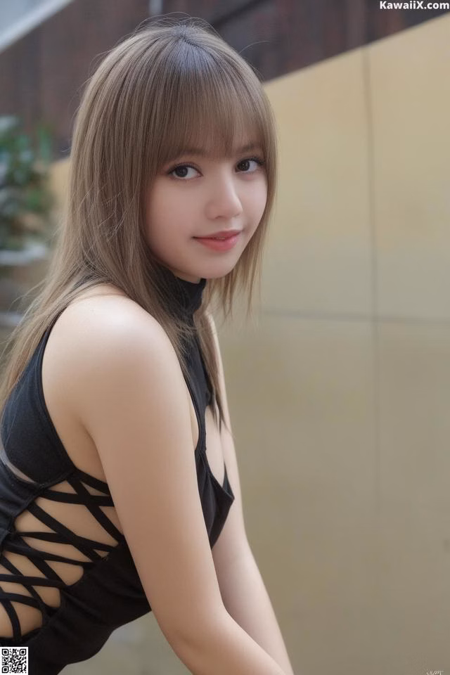 A woman in a black dress posing for a picture.