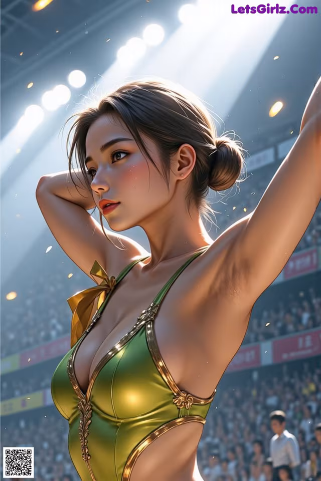A woman in a green and gold bathing suit standing in front of a crowd.