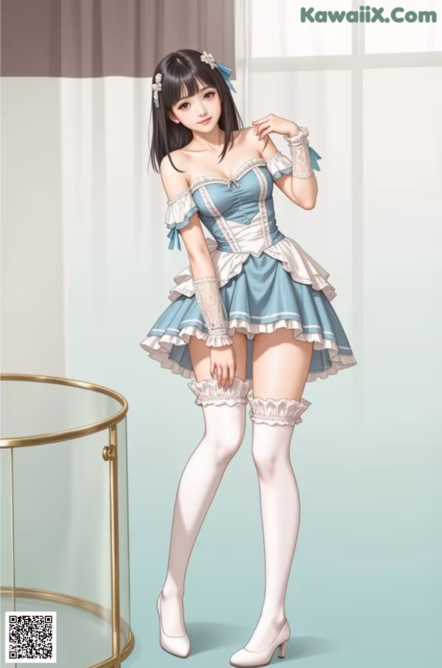 A woman in a blue and white dress posing for a picture.