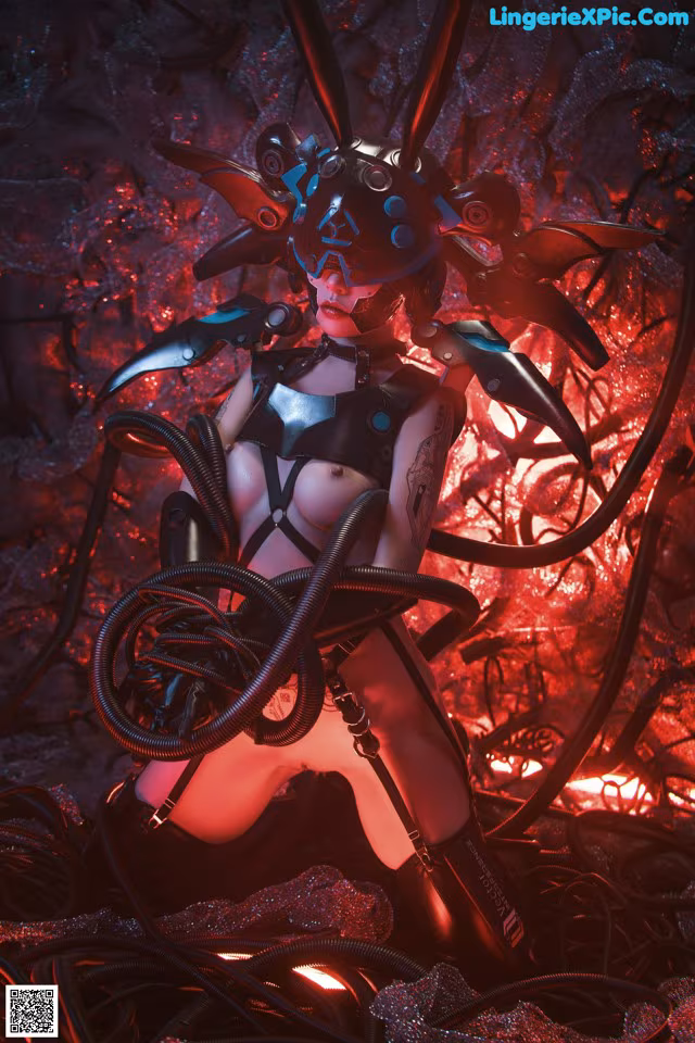 A woman in a black and red outfit is sitting on a pile of wires.
