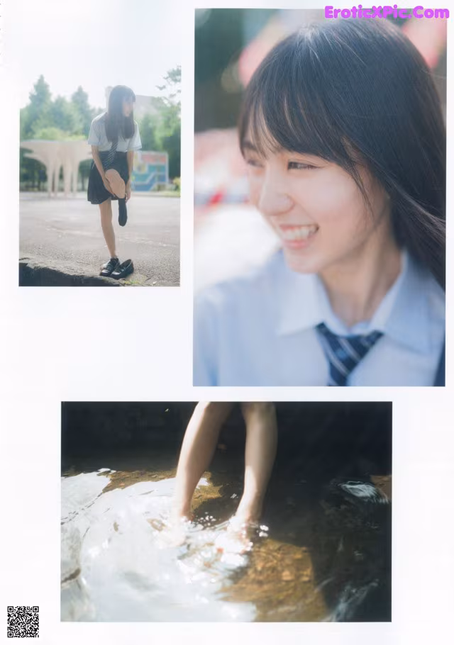 A collage of photos of a woman in a school uniform.