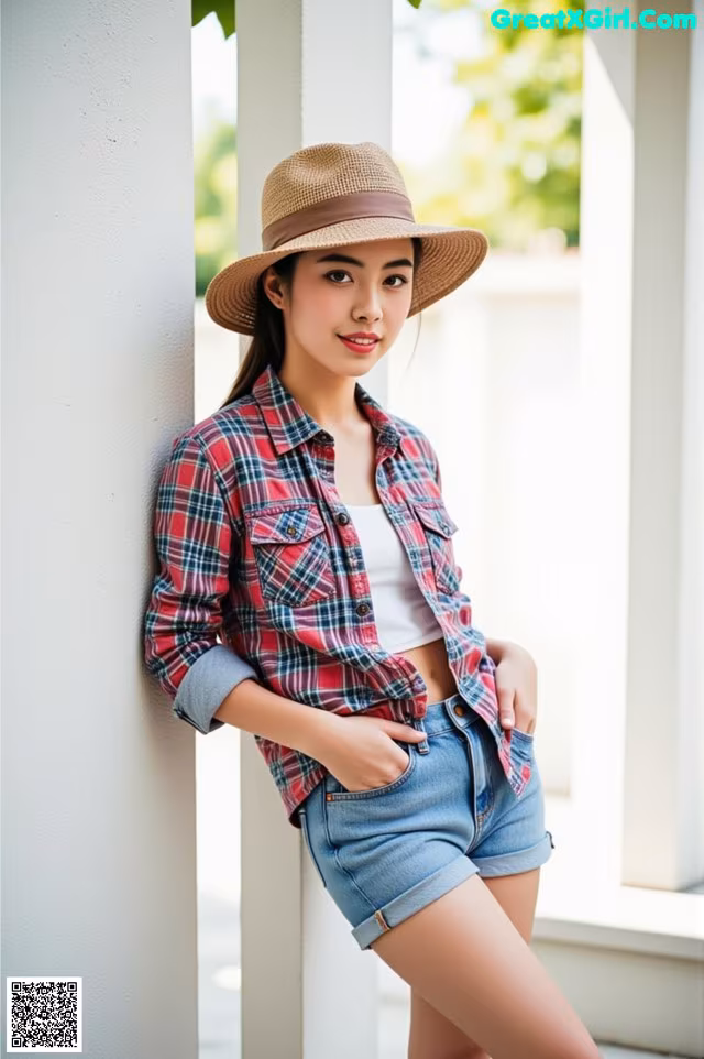 A woman wearing a hat leaning against a wall.