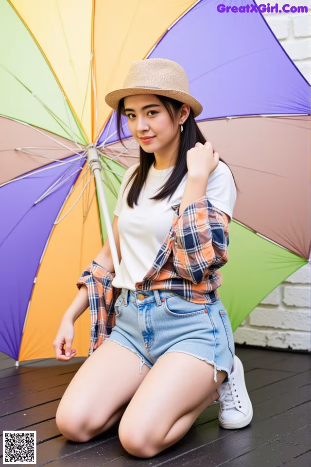 A woman sitting on the ground holding an umbrella.