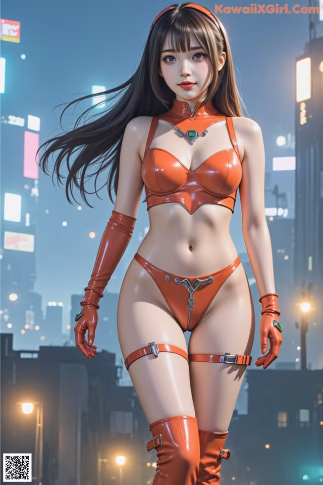 A woman in a red bikini standing in the middle of a city.