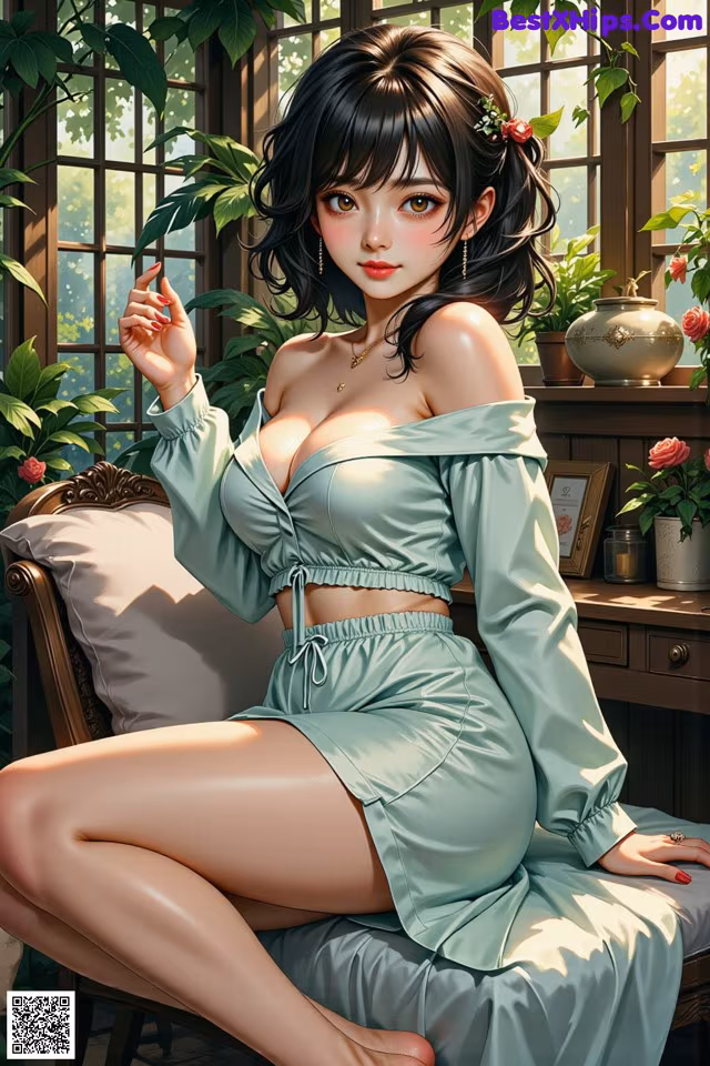 A woman sitting on a chair in front of a window.